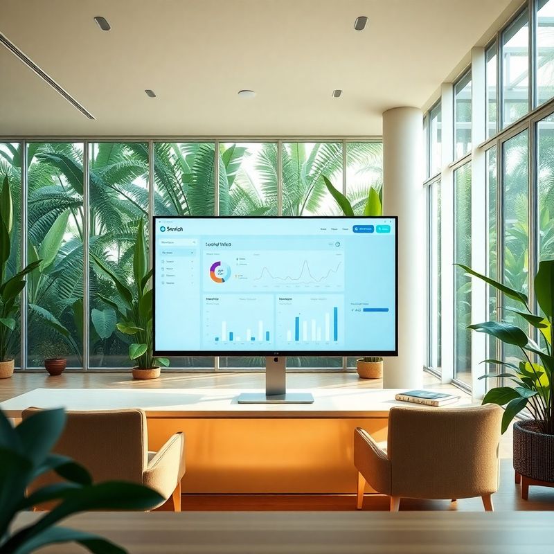 Greenwood Whitaker dashboard on a monitor in a sunlit open-plan office
