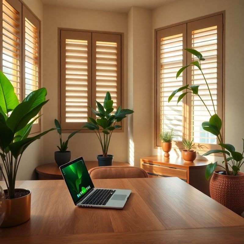 Modern tech office interior in กระบี่ with teak desk, laptop showing a green dashboard, and tropical plants