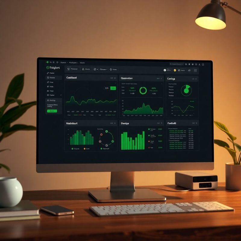 Close-up of the Greenwood Whitaker observability dashboard with green-accented data visualisations